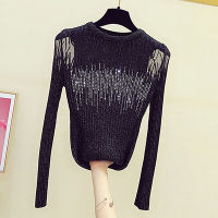 LJSXLS Diamonds Thin Knitted Sweater Female Hollow Out Sweaters Women  Autumn Sexy Tops Bright Wire Pullover Woman Clothes