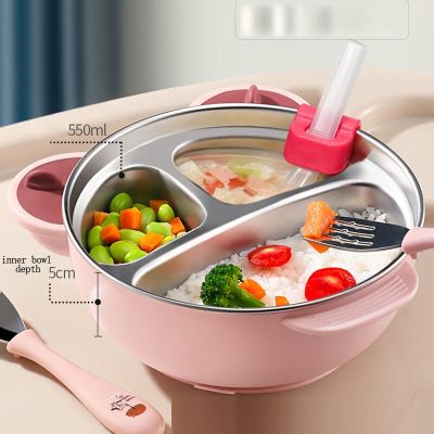 Stainless steel sub-grid sucker-type eating cartoon water-filled insulation bowl complementary food baby and children tableware