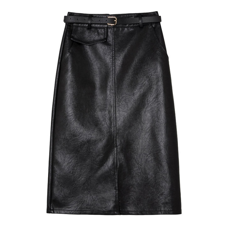 REALEFT Black PU Leather Skirt Autumn Winter Front Split Pencil Midi Skirts Elegant High Waist Sheath Wrap Skirts with Belt