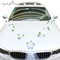 【cw】DIY Artificial Flower White Wedding Car Bridal Car Decoration Door Handle Ribbons Silk Corner Flower Galand With Tulle Gifts Set ！