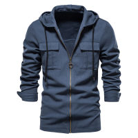 AIOPESON Spring 100 Cotton Hooded Thin Jacket for Men Long Sleeve Pocket Slim Fit Retro Zipper Mens Shirts Outwear Men Clothing