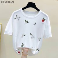 Plus Size Knitted T-Shirt Womens Floral Embroidered Ice Silk Top Short Sleeve Round Neck Casual Loose Knitwear T Shirt