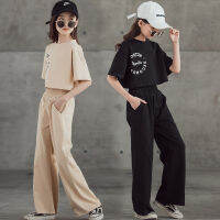 Clothes for Girls Summer Sets Casual Letter T-shirt High Waist Wide Leg Pants 2pcs 2022 New Kids Tracksuit Black Teens Clothes