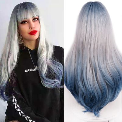 Synthetic Wigs Long Ombre Blue Off-White With Bangs Natural Wave Pinup Wig For Women Cosplay Party Heat Resistant Fiber