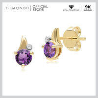 Gemondo ต่างหูทองคำ 9K ประดับอเมทิสต์ (Amethyst) และเพชร ดีไซน์ใบไม้ ทรงสตัด