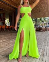 Cutout สูง Slit Maxi D Ress เก๋แฟชั่นฤดูร้อนทุกวันเซ็กซี่สแควร์คอรูปแบบที่เหมาะสมสูงสไตล์ Maxi ผู้หญิงสบายๆ