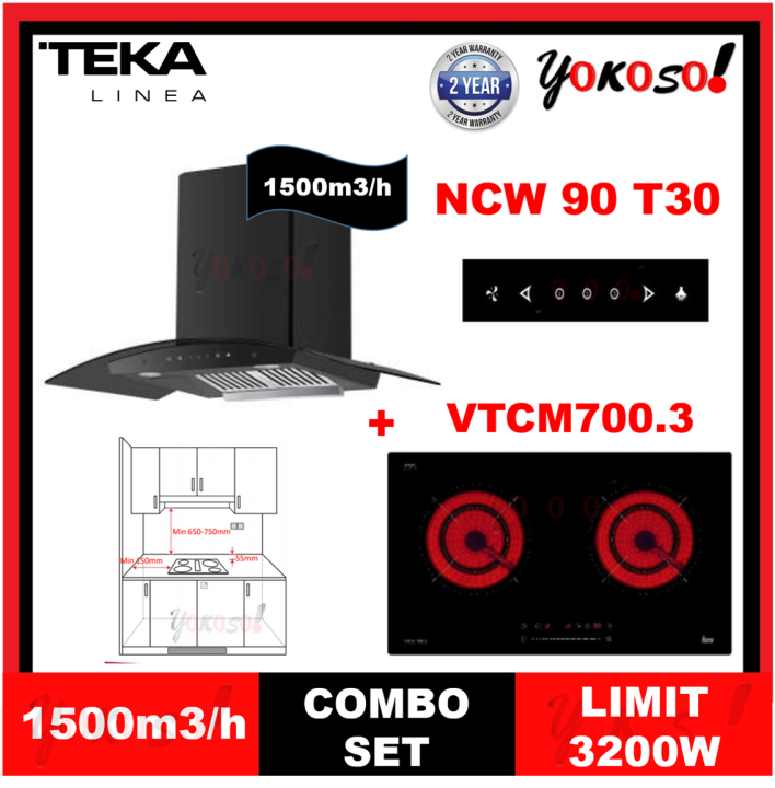 TEKA NCW 90 T30 CHIMNEY HOOD SELF CLEANING HOOD (1500m3/h) + HOB VTCM700.3 (LIMIT 3200W) Lazada
