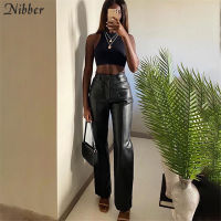 Nibber Luxurious Faux PU Leather Y2K Pants Womens Leisure Straight Pants 2021 Street Clubwear Slim Punk Design Trousers Female