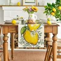 【LZ】✆☬☎  Summer Eucalyptus Lemon Linen Table Runners Kitchen Table Decor Washable Dining Table Runners Holiday Party Decorations