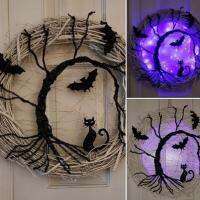 Happy Halloween Wreath Light Up Black Bat Cat Wreath Pendant Halloween Decor For Home Party Supplies