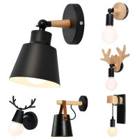 Nordic Wood Wall Lights Bedroom Bedside Lamp Black White Modern E27 Steering Head Wall Lamps LED Home Lighting Sconce Room Decor