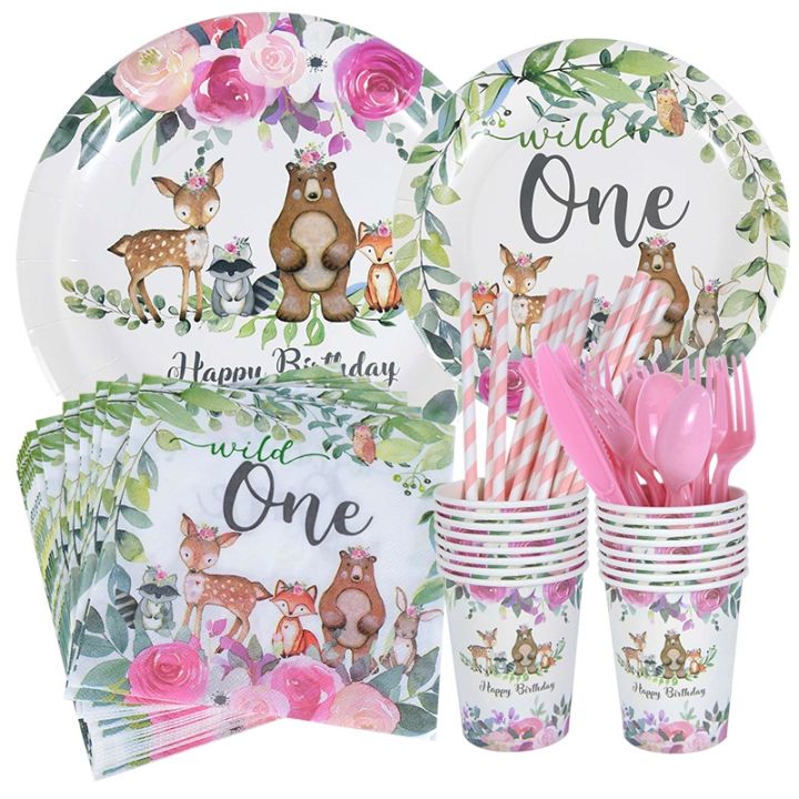 high-end-cups-woodlanddisposable-tableware-set-แผ่นกระดาษ-cupszoo-foxdeer-baby-shower-birthday-party-decoration
