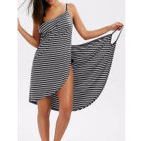 Ladies Bath Towel Sexy V-Neck Sling Striped Long Beach Skirt Sling Wrapped Summer Home Holiday Swimming Spa Robe