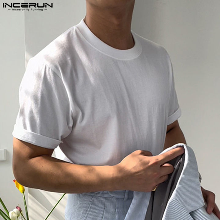 เสื้อยืดเสื้อยืดคอกลมธรรมดาลำลองสำหรับผู้ชายแขนสั้น-incerun-ลดล้างสต๊อก