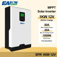 Easun Power อินเวอร์เตอร์พลังงานแสงอาทิตย์,เพียวไซน์เวฟ12V 220V 1000W ตัวแปลงพลังงานแสงอาทิตย์แบบผสม Built-In 50A เครื่องควบคุมการชาร์จโซลาร์เซลล์