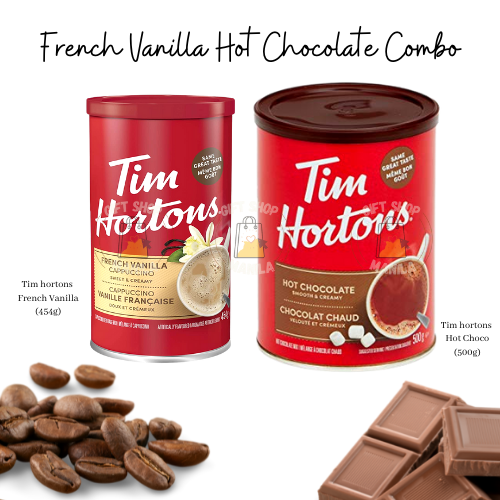 Bundle of 2 Tim Hortons Hot Chocolate Drink and French Vanilla in Can