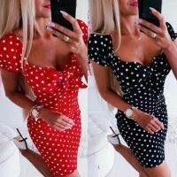 【Ladies shop】2022Casual Polka DotSexy V คอพัฟ SleeveShort กระโปรง