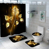 Shiny Blue Golden Rose ชุดม่านอาบน้ำกันน้ำ Toilet Cover Mat พรมกันลื่นห้องอาบน้ำวันวาเลนไทน์ Christmas Decor