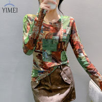 YIMEI เสื้อยืดผู้หญิงไซส์ใหญ่พิเศษ,เทรนด์2023ฤดูใบไม้ร่วงทรงสลิมฟิตแฟชั่นเสื้อพิมพ์ลายตาข่ายแขนคอกลมยาวป้องกันแสงแดด