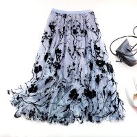 Vintage Flower mesh skirt Womens high waist a-line pleated umbrella skirt spring autumn new Elegant retro midi long skirt female