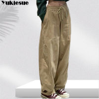 Vintage Cargo Pants Women Khaki Wide Leg Pants womens Harajuku Baggy Sweatpants Hip Hop Trousers Drawstring Streetwear Pantalon