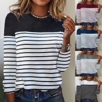 Women Striped Print Loose T-shirt Autumn Winter O-Neck Long Sleeve Pullover Tee Tops ZC-ZC539