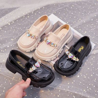 AINYFU Autumn Kids Leather Shoes Girls Crystal Wedding Shoes Single Shoes Children Low-Heeled Princess Shoes Black Beige H185