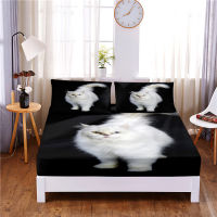 Pure White Cat Digital Printed 3pc Polyester Fitted Sheet Mattress Cover Four Corners with Elastic Band Bed Sheet Pillowcases