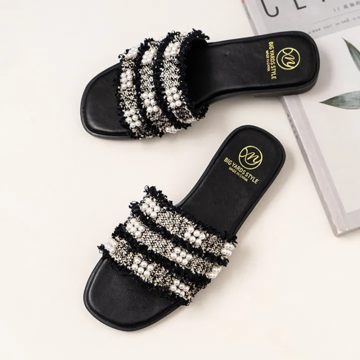 ขายดีที่สุด-ioztt2023-large-size-42-43-slippers-for-2022-sandals-flat-with-pearls-soft-sole-no-back