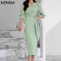 VONDA Women V คอ3/4แขนสีทึบชุดยาวครึ่งน่องหรูหรา (สาเหตุเกาหลี)