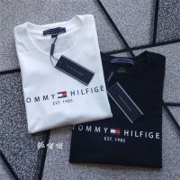 Tommy HiIfiger เสื้อยืดทอมมี่,เสื้อยืดคอกลมแขนเสื้อแขนสั้นคอกลมมีตัวอักษรโลโก้ผ้าฝ้ายชายและหญิง