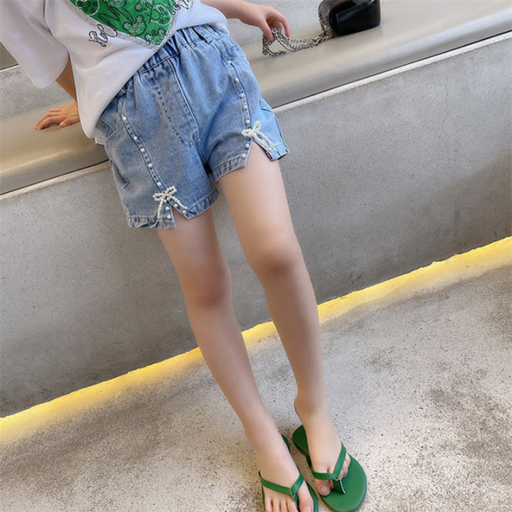 amila-celana-pendek-denim-ของเด็กหญิง-กางเกงบางกางเกงทรงหลวมเอวสูงฉบับภาษาเกาหลีเด็กสำหรับเด็กและเด็กผู้หญิง