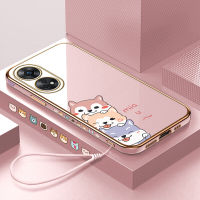 (คลังสินค้าพร้อม) เคสเคสมือถือสำหรับ OPPO Reno8 T Reno 8 T 4G พร้อมฟรีสายคล้อง + สุนัขการ์ตูนชุบขอบสี่เหลี่ยมฝาหลังนิ่ม