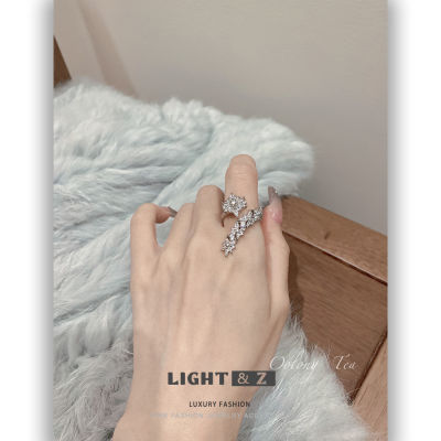 LIGHT &amp; Z Minor Luxury Moissanite ชุบเงินดอกไม้ใบไม้และแหวนปรับขนาดได้หูข้าวสาลี