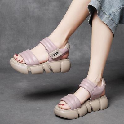 Womens First Layer Cowhide Sandals Summer Comfortable Lightweight Casual Velcro Platform Heel Platform Shoes