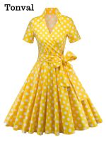 Tonval Retro Polka Dot Rockabilly Yellow Dress Women Short Sleeve V Neck Belted A Line Summer Party 50s Vintage Dresses