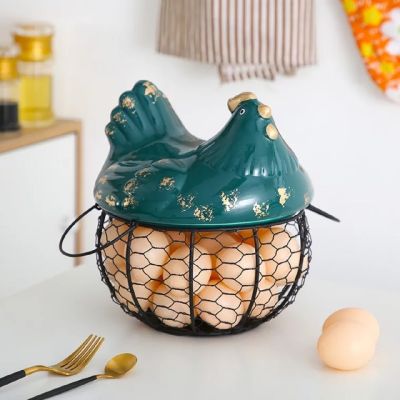 Metal Wire Basket with Ceramic Hens Cover Fruit Basket Egg Holder Decorative Kitchen Storage Baskets for Household Item