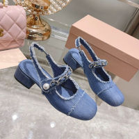 【high quality】original MIU MIUˉ new fashion chain pearl buckle high-heeled block-heeled cloth denim Mary Jane shoes sandals summer new style womens shoes slippers for women slides outside wear sandals for women