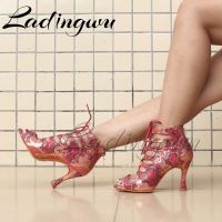 Ladingwu Latin Boots Soft Bottom Dance Shoes Zipper Womens sandals Latin Salsa Dance Shoes Blue/Red Snake texture Suede Boots