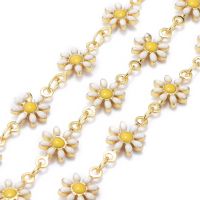 1m  3.28 Feet Handmade Brass Enamel Link Chains Soldered Long-Lasting Plated Golden Daisy White 12.5x7.5x2mm