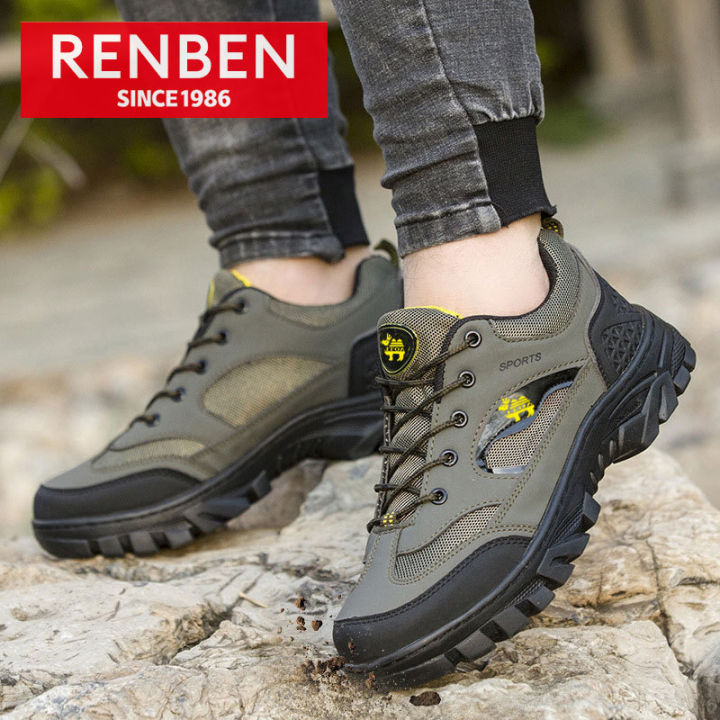 renben-รองเท้าปีนเขาแบบฮิปสเตอร์-รองเท้าผ้าใบผู้ชายรองเท้ากีฬาหนังระบายอากาศ