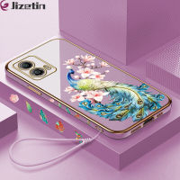 Jizetin ฟรีสายคล้อง5G G53โมโตโรล่าโมโตโรลาโมโตะเคสโทรศัพท์ชุบเคสโทรศัพท์นิ่มลายขอบสี่เหลี่ยมนกยูงตัวการ์ตูนหรูหรา