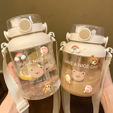 1000/1400ml Cute Bear Water Bottle With Straw Plastic Kawaii Water Jug  Juice Milk Bubble Tea Portable Gym Drink Bottle BPA Free