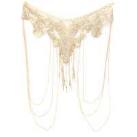 Women Gold Tassels Bikini Crossover Harness Waist Belly Body Chain Necklace Flower Floral Guipure Collar Lace Trim Embroidered