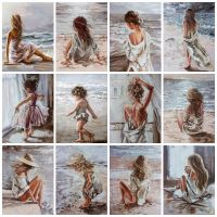 Huacan 5d Diy Diamond Painting Girl Child Diamond Mosaic Embroidery Seaside Portrait Home Decor Wall Stickers