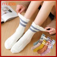 MUBAI แฟชั่น หนา ตุ๊กตา อ่อนนุ่ม Stripe Sox สีลูกกวาด ถุงเท้านอน ถุงเท้ากำมะหยี่ปะการัง