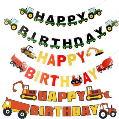 ธงวันเกิด Happy Birthday รูปรถแทรกเตอร์, รถบรรทุก, รถแม็คโคร สุดเท่สีสันสดใส (FT)​