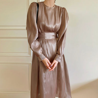 Woherb 2021 Korean Irregular Solid O-neck Femme Robe Slim Waist Elegant Women Dress Spring Chic Vintage Loose Vestidos De Mujer