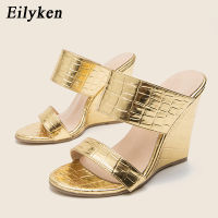 Eilyken Fashion Golden Patent Pu Leather Women Slippers Summer New y Open Toe Wedge Sandals Ladies High Heels Party Shoes