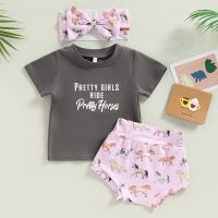 Baby Girl Summer Clothes Suits Letter Print Short Sleeve Crew Neck T-Shirts Horse Print Elastic Waist Shorts Headband 3Pcs Set  by Hs2023